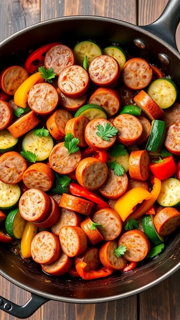 Low Carb Kielbasa Skillet Recipe A skillet with kielbasa, bell peppers, and zucchini, garnished with parsley, on a wooden table.